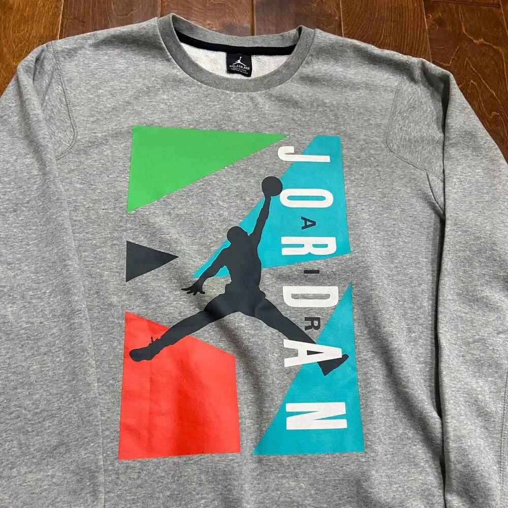 Jordan Block Fleece Crewneck Sweatshirt Gray Multi Cotton Blend Men's Size XXL